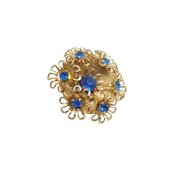 Blue Rhinestone Floral Filigree Brooch Pin Gold Tone Vintage - Picture 2 of 4